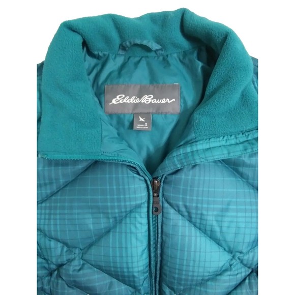 Eddie Bauer Women's Small Goose Down Jacket Green Plaid Puffer Quilted Ski Coat - Picture 2 of 11